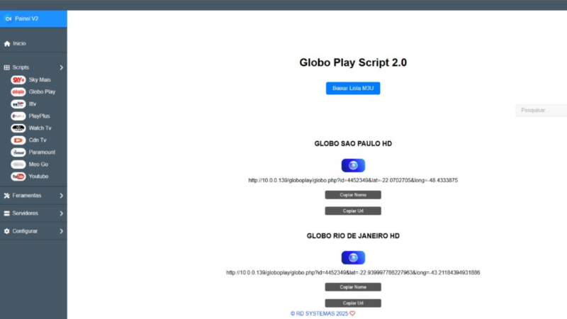 Script que puxa todos link fonte dos canais da Globo Play 2.0